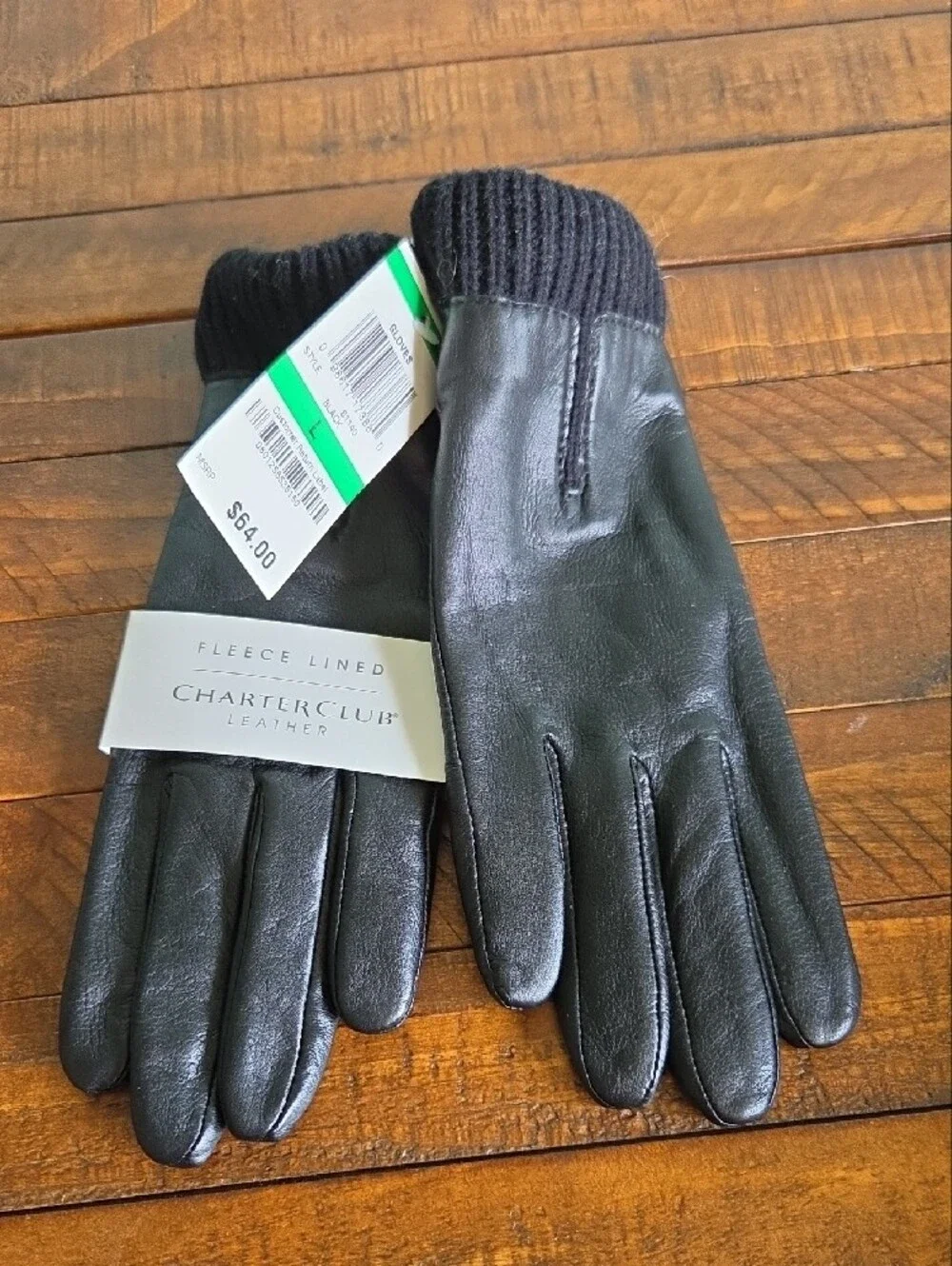 Nwt Charter Club Black Leather Fleece-Lined Gloves with Knit Cuffs